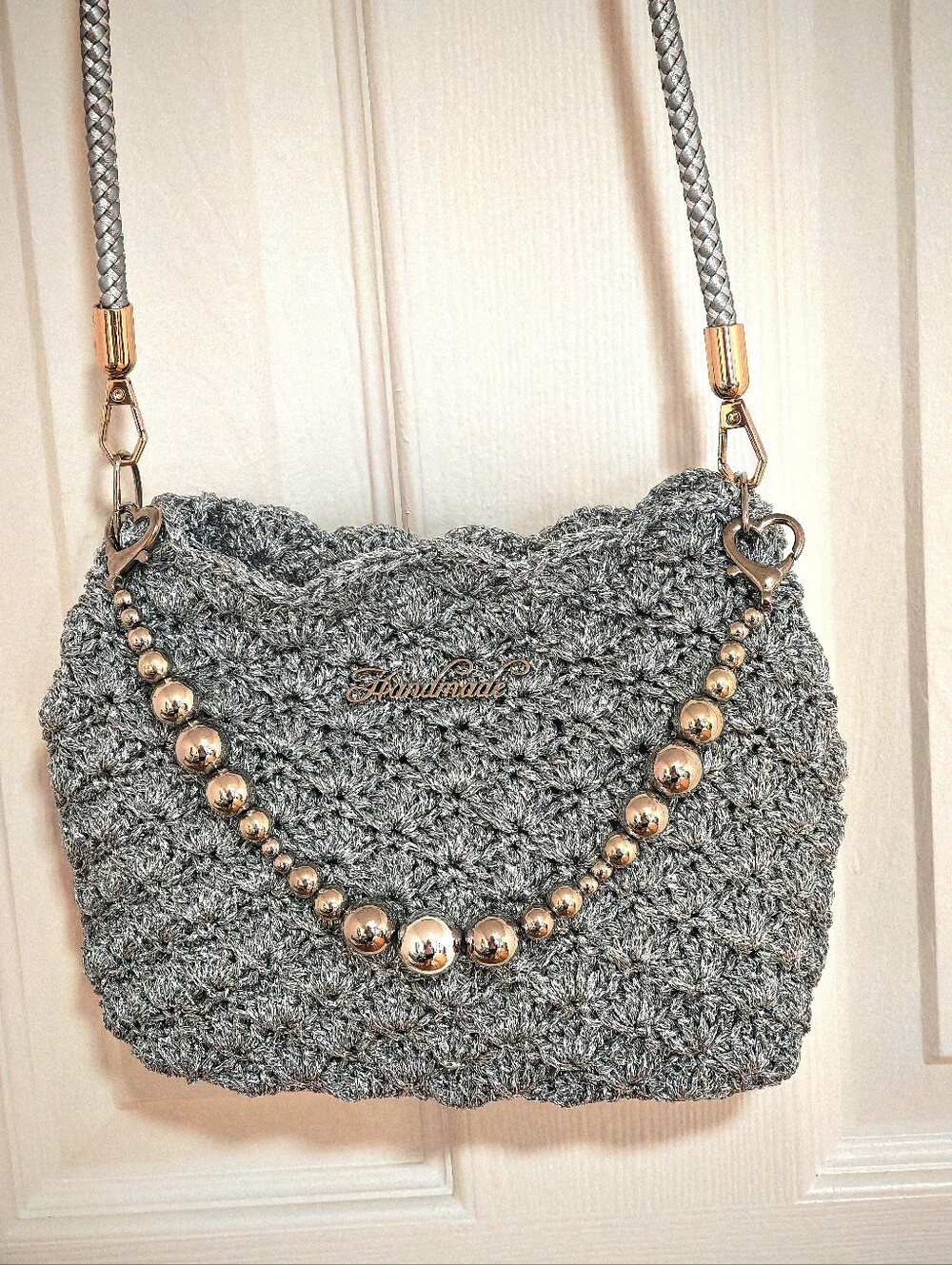 Handcrafted Silver Crochet Shoulder Bag with Beaded Chain